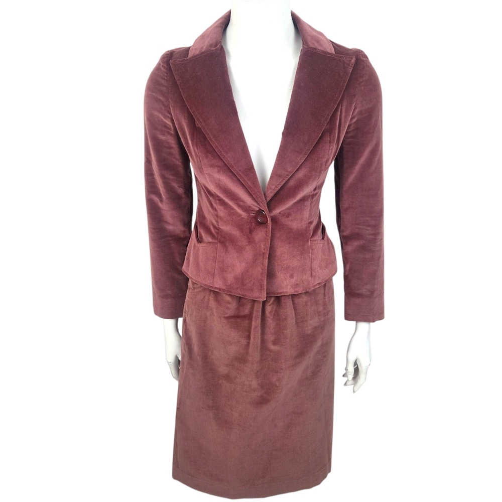 Vintage 70s Velvet Skirt Suit Blazer Set Rose Pink Womens XS Career Dressy